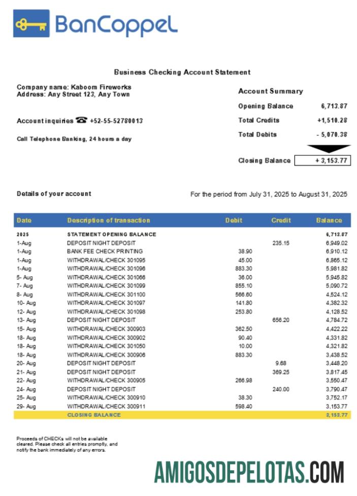 Declaração de Verificação de Organização Empresarial BanCoppel Formato Word e PDF (1) amostra